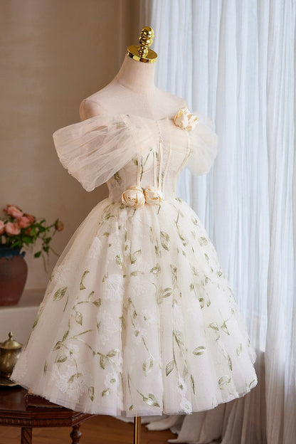 Champagne Tulle Floral Short Prom Dress, Beautiful A-Line Homecoming Party Dress