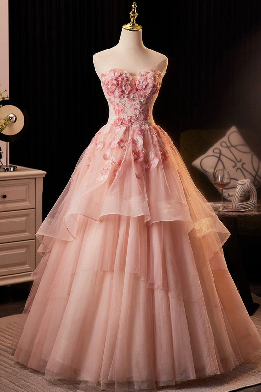 Pink Flower Fairy Long Prom Dress, Pink Strapless Evening Party Dress
