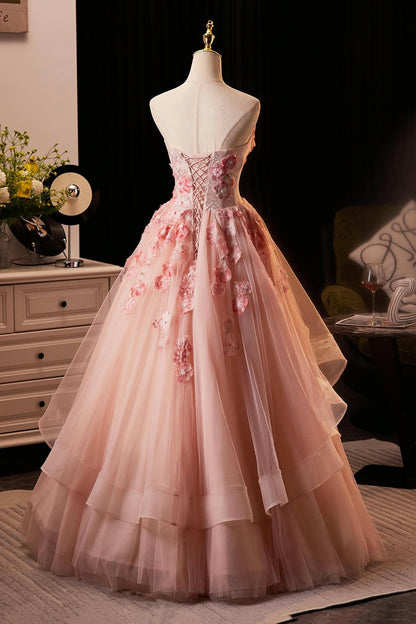 Pink Flower Fairy Long Prom Dress, Pink Strapless Evening Party Dress