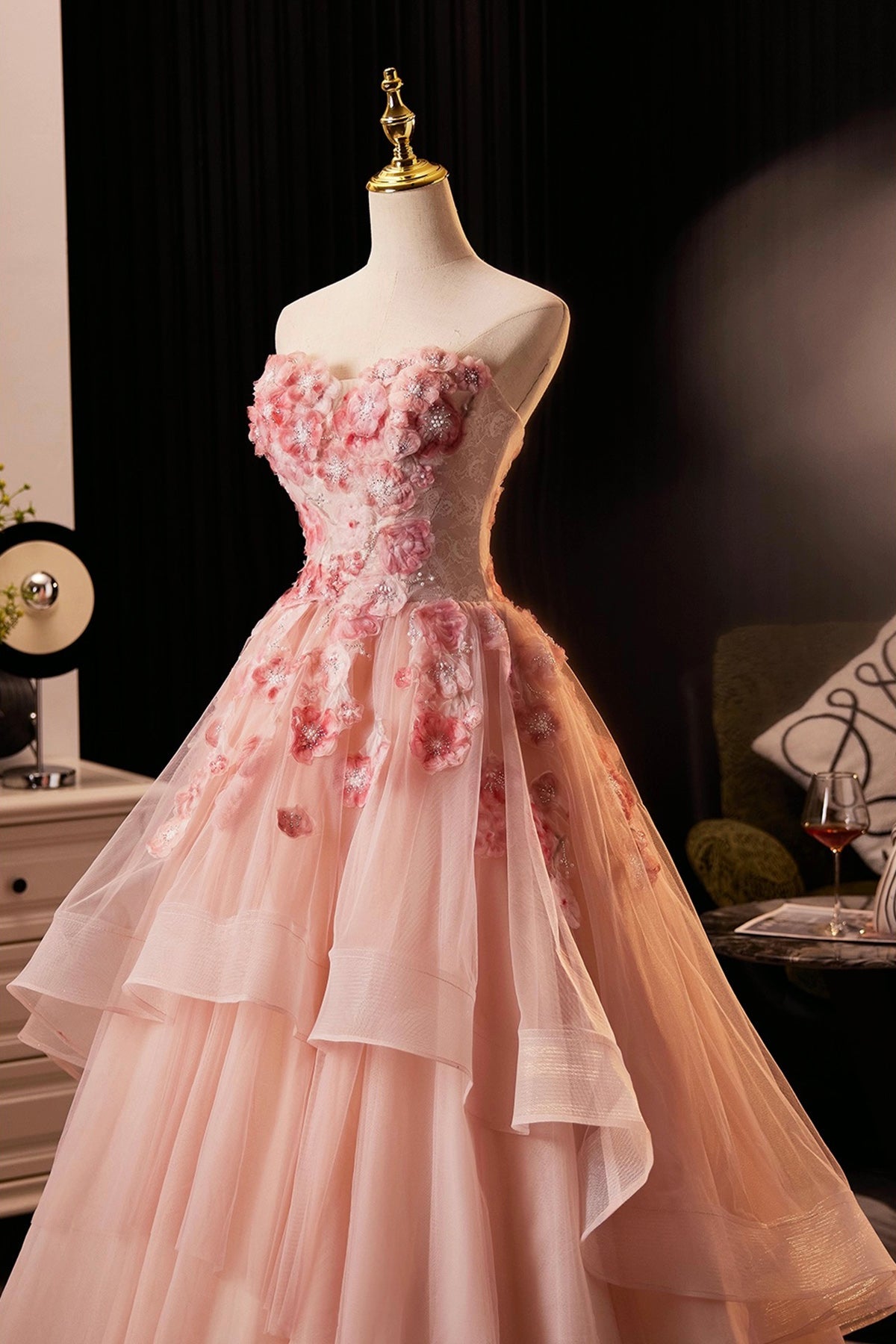 Pink Flower Fairy Long Prom Dress, Pink Strapless Evening Party Dress
