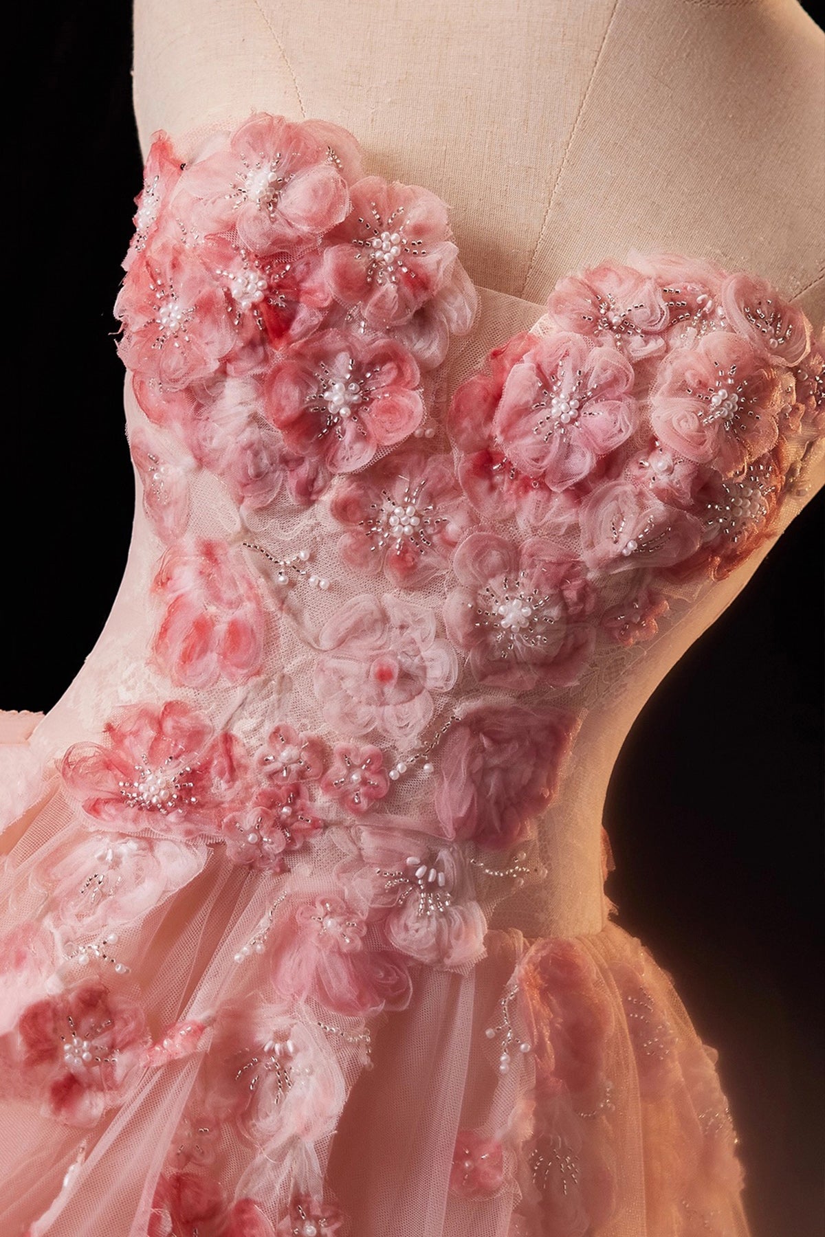 Pink Flower Fairy Long Prom Dress, Pink Strapless Evening Party Dress