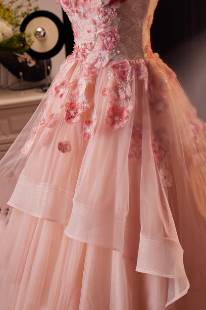 Pink Flower Fairy Long Prom Dress, Pink Strapless Evening Party Dress