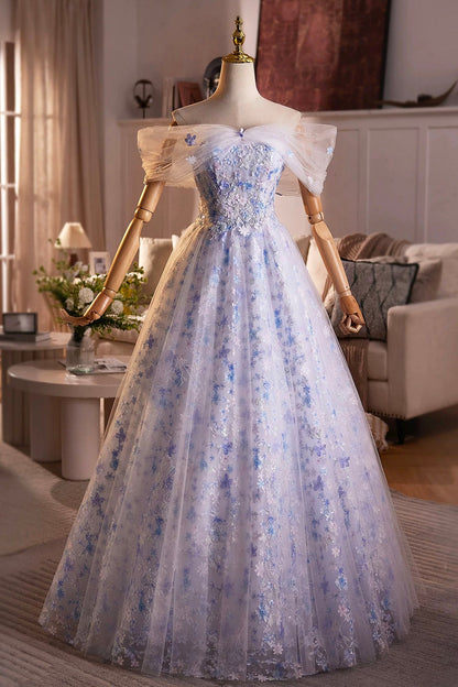 Beautiful Blue Beading Appliques Prom Dress, A-Line Off the Shoulder Evening Dress