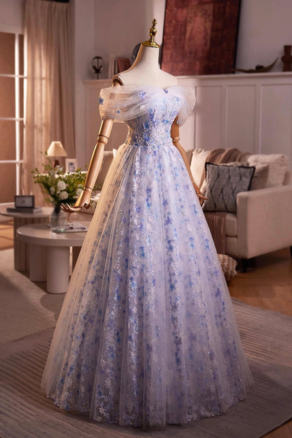 Beautiful Blue Beading Appliques Prom Dress, A-Line Off the Shoulder Evening Dress