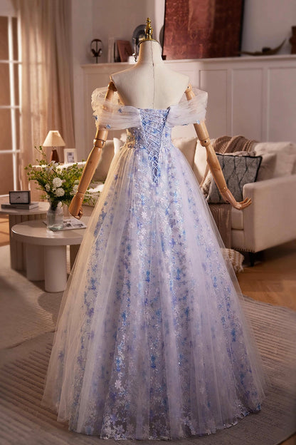 Beautiful Blue Beading Appliques Prom Dress, A-Line Off the Shoulder Evening Dress