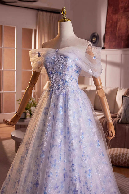 Beautiful Blue Beading Appliques Prom Dress, A-Line Off the Shoulder Evening Dress