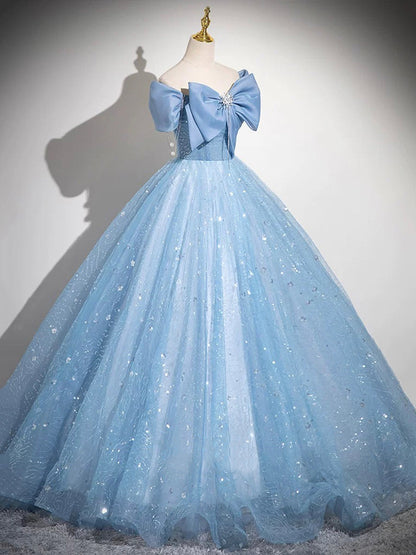 Light Blue Tulle Sequins Long Prom Dress, A-Line Off Shoulder Evening Dress