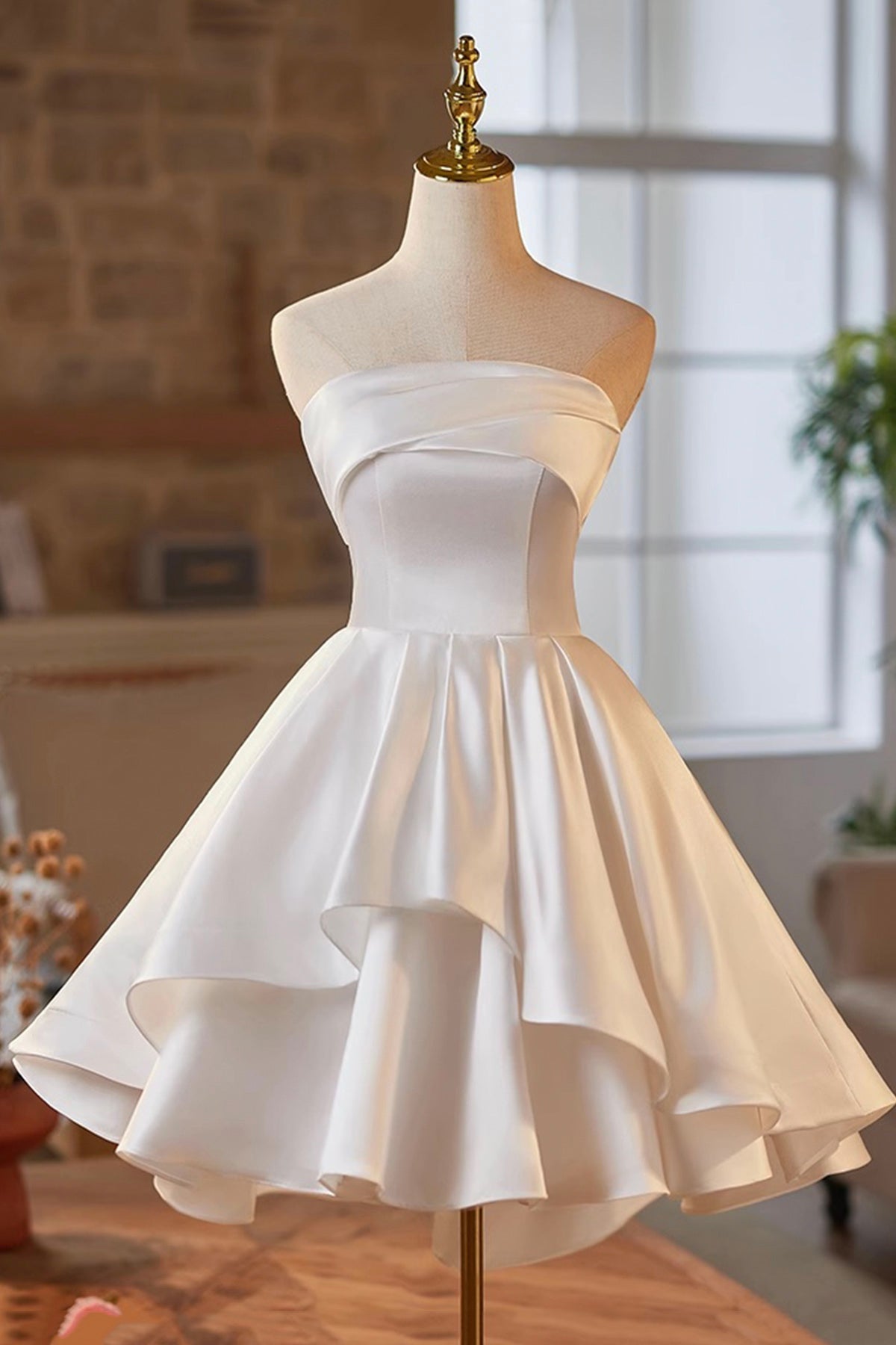White Strapless Satin Short Prom Dress, White A-Line Evening Party Dress