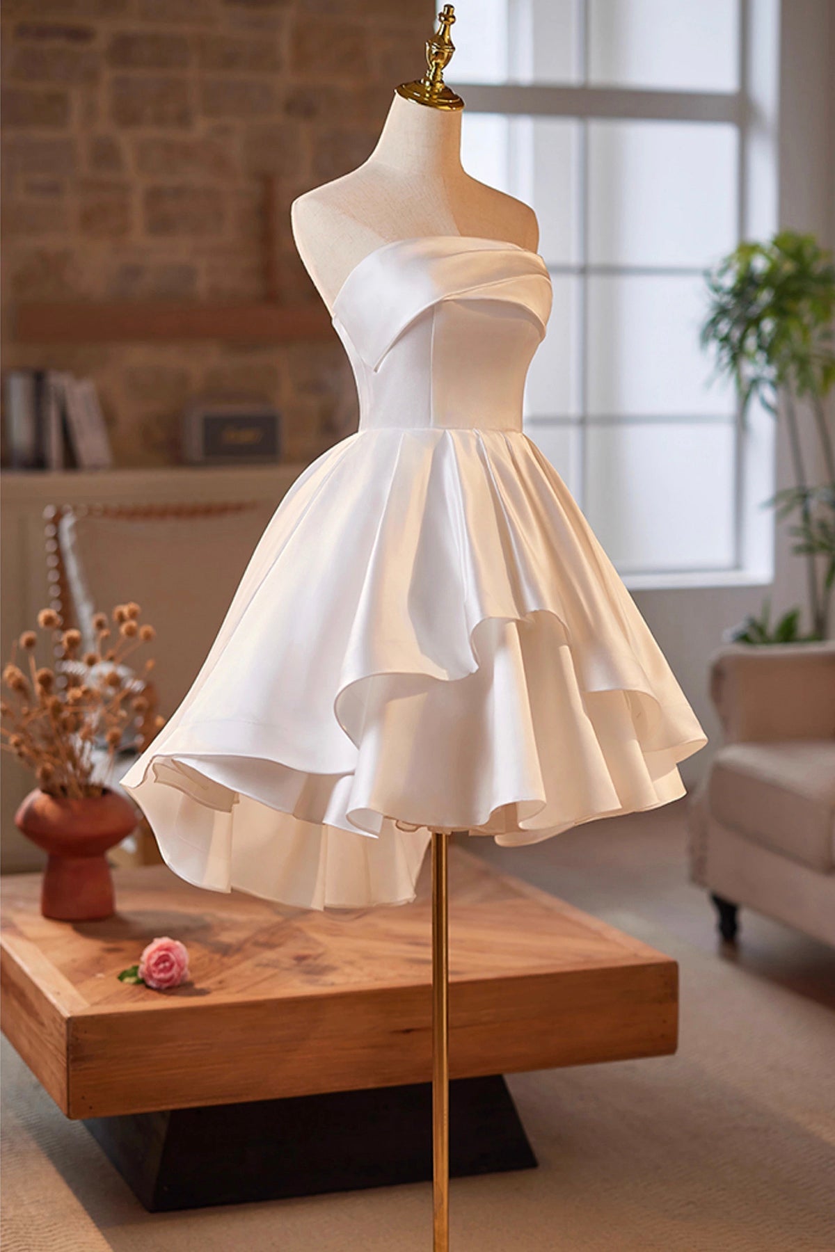 White Strapless Satin Short Prom Dress, White A-Line Evening Party Dress