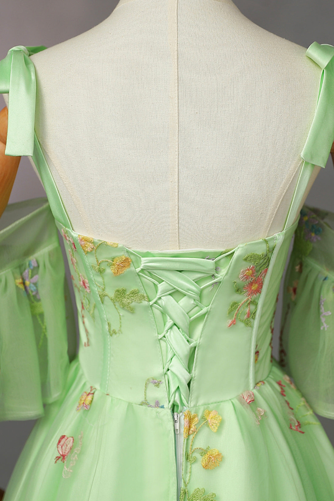 Green Floral Tulle Long A-Line Formal Dress, Beautiful Spaghetti Strap Evening Gown