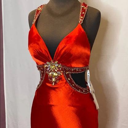 Red gorgeous shiny fashion exquisite beaded backless long elegant satin floor-length train prom dress evening dress gh3545