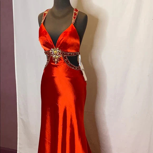 Red gorgeous shiny fashion exquisite beaded backless long elegant satin floor-length train prom dress evening dress gh3545