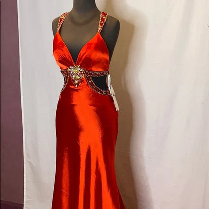 Red gorgeous shiny fashion exquisite beaded backless long elegant satin floor-length train prom dress evening dress gh3545