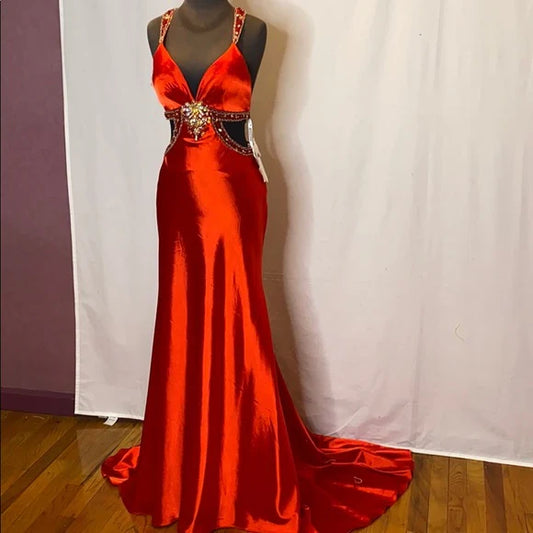 Red gorgeous shiny fashion exquisite beaded backless long elegant satin floor-length train prom dress evening dress gh3545