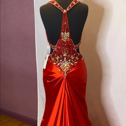 Red gorgeous shiny fashion exquisite beaded backless long elegant satin floor-length train prom dress evening dress gh3545