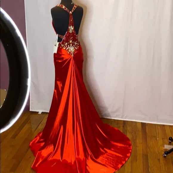 Red gorgeous shiny fashion exquisite beaded backless long elegant satin floor-length train prom dress evening dress gh3545