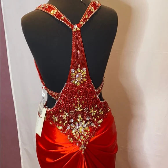 Red gorgeous shiny fashion exquisite beaded backless long elegant satin floor-length train prom dress evening dress gh3545