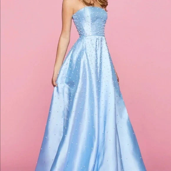 Blue fashion elegant exquisite pearl beading long satin ball gown evening dress gh3308