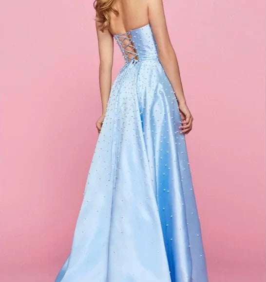 Blue fashion elegant exquisite pearl beading long satin ball gown evening dress gh3308