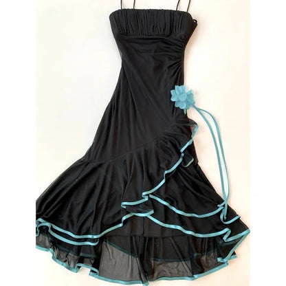 Black fashion blue floral tube top short ruffle homecoming dress prom dress evening dress birthday party dress gh3533