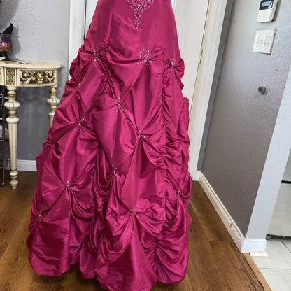 Pink Gorgeous Vintage Elegant Exquisite Beaded Long Satin Ball Gown Evening Dress Quinceanera Formal Dress gh3486