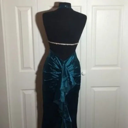 Blue vintage fashion elegant suspender long satin formal prom dress evening gown party dress gh3467