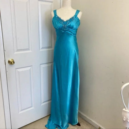 Blue vintage fashion exquisite beaded straps long backless satin ball gown evening dress party dress gh3473