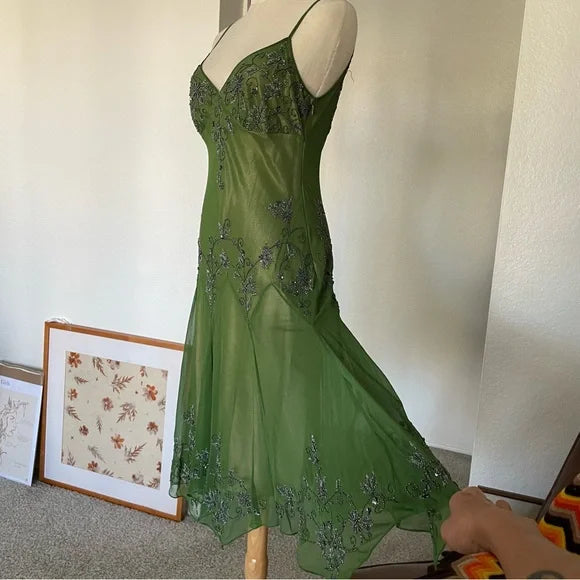 Green Vintage Fashion Elegant Exquisite Beaded Long Chiffon Suspender Dress Floral Embroidery Ball Gown Evening Gown Party Dress Prom Gown gh3720