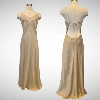 Champagne Victorian Style Exquisite Floral Embroidery Beading Spaghetti Strap Backless Long Satin Ball Gown Evening Dress Party Dress gh3924