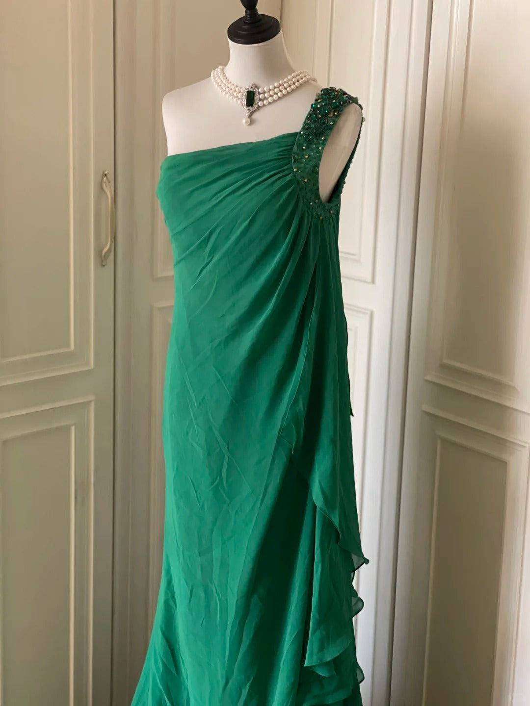 __Green beaded vintag one shoulder stylish long chiffon wedding guest dress ball gown evening dress gatsby beauty party dress gh4391
