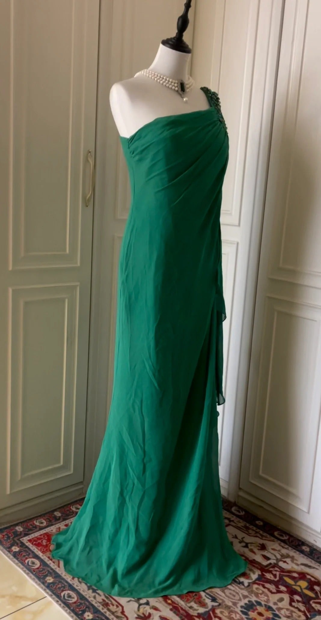 __Green beaded vintag one shoulder stylish long chiffon wedding guest dress ball gown evening dress gatsby beauty party dress gh4391