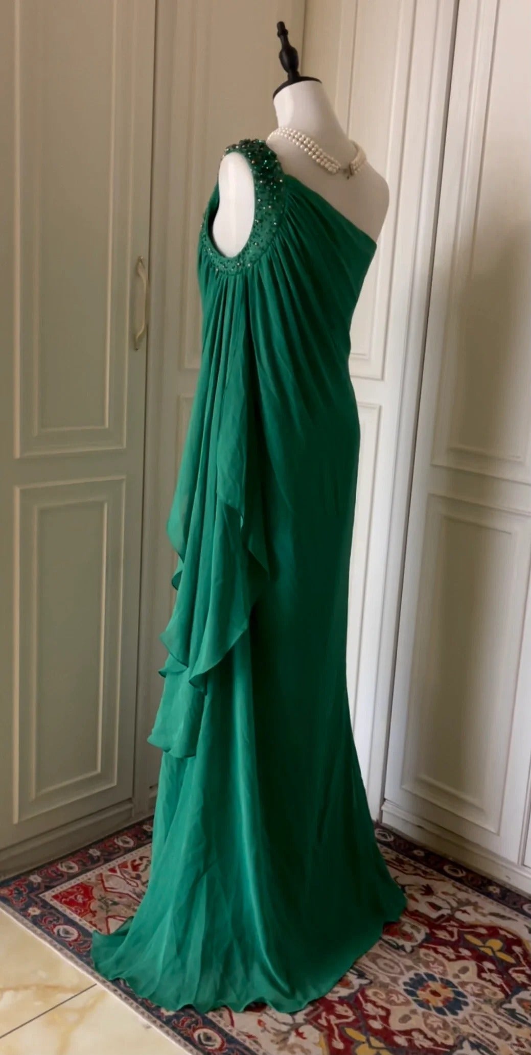 __Green beaded vintag one shoulder stylish long chiffon wedding guest dress ball gown evening dress gatsby beauty party dress gh4391