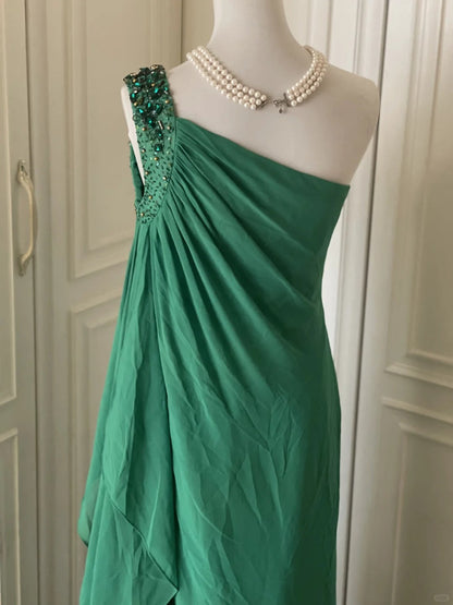 __Green beaded vintag one shoulder stylish long chiffon wedding guest dress ball gown evening dress gatsby beauty party dress gh4391
