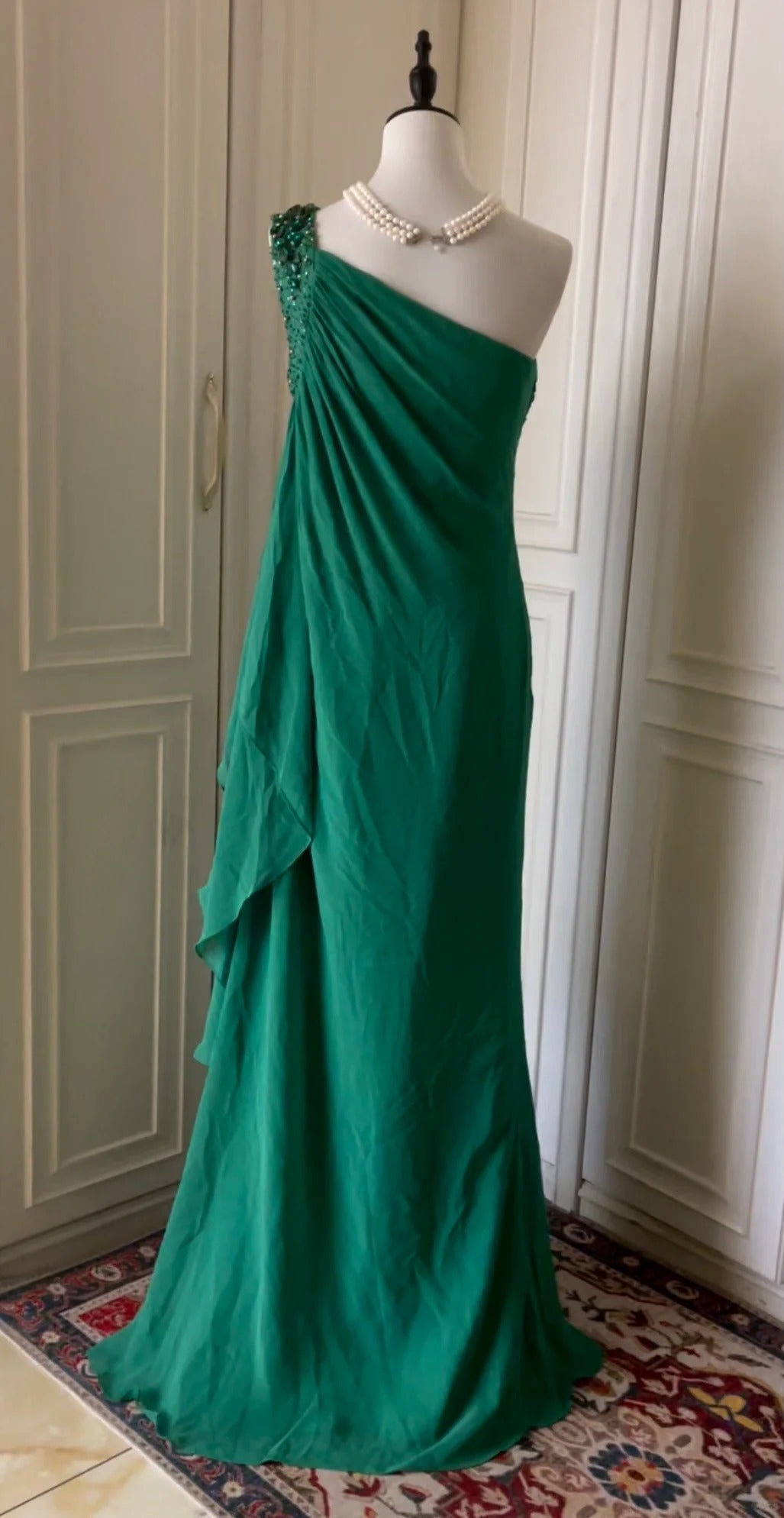 __Green beaded vintag one shoulder stylish long chiffon wedding guest dress ball gown evening dress gatsby beauty party dress gh4391