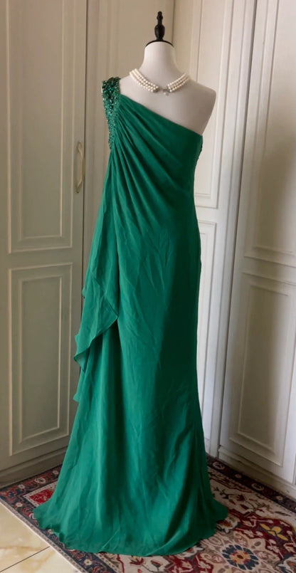 __Green beaded vintag one shoulder stylish long chiffon wedding guest dress ball gown evening dress gatsby beauty party dress gh4391