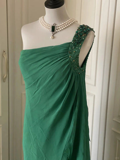__Green beaded vintag one shoulder stylish long chiffon wedding guest dress ball gown evening dress gatsby beauty party dress gh4391
