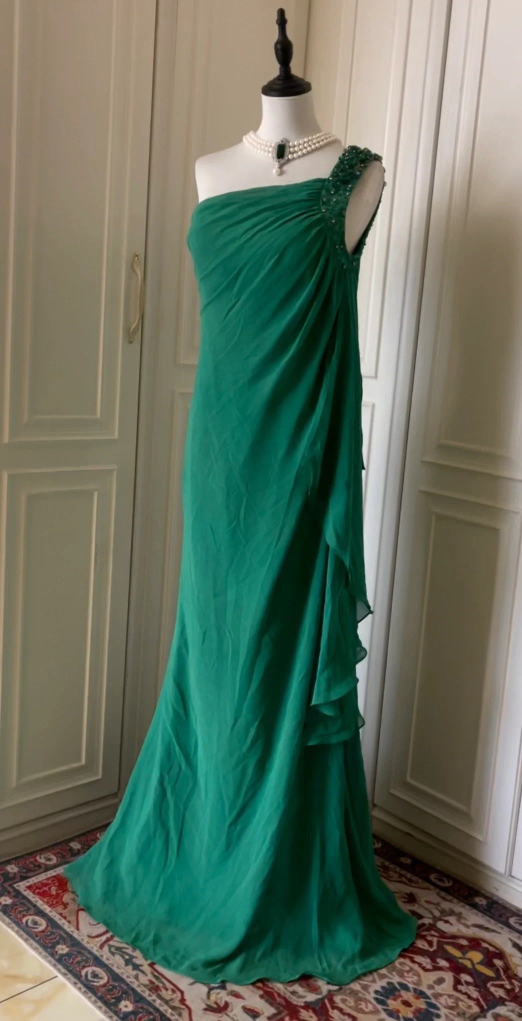 __Green beaded vintag one shoulder stylish long chiffon wedding guest dress ball gown evening dress gatsby beauty party dress gh4391