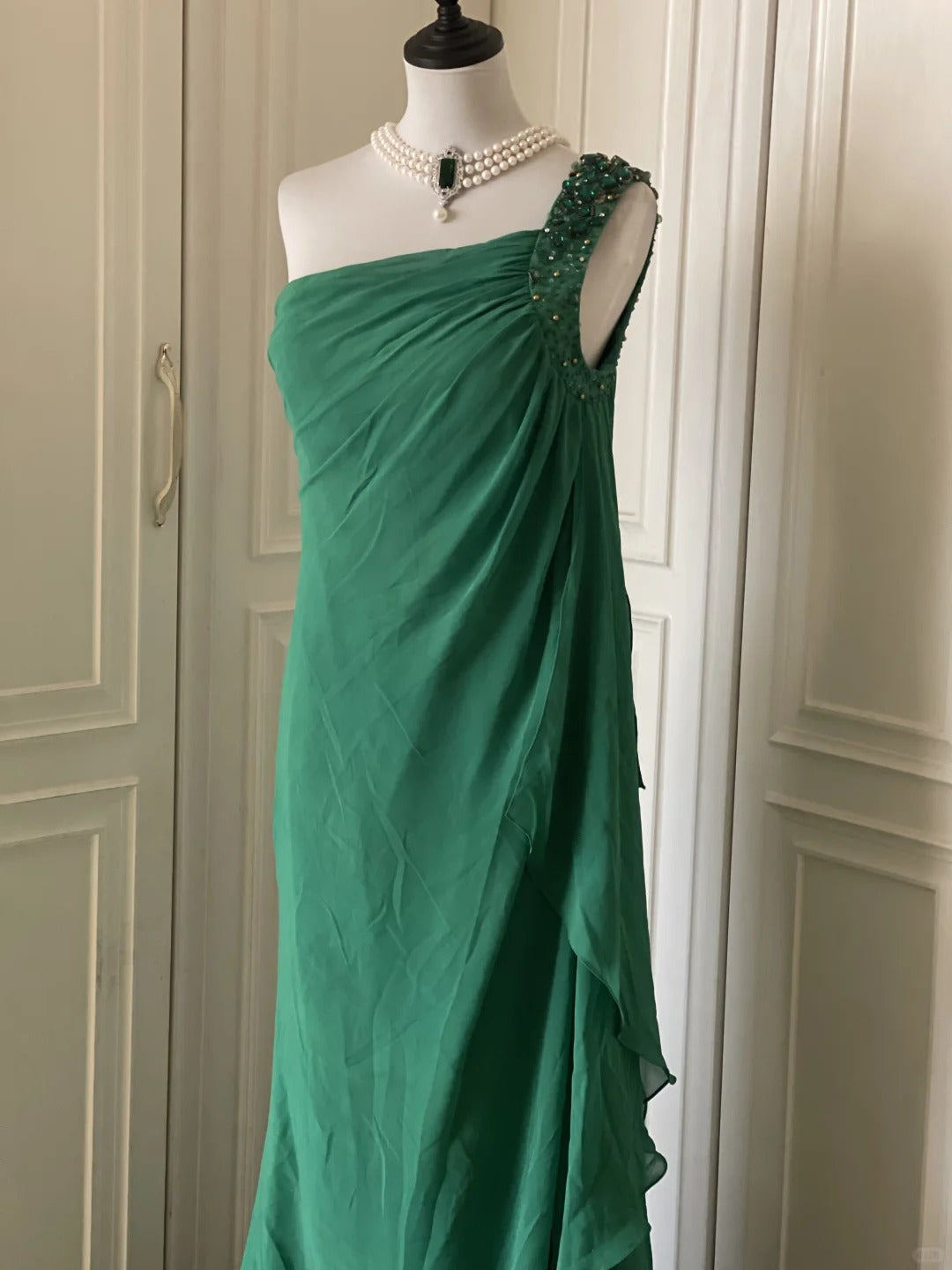 __Green beaded vintag one shoulder stylish long chiffon wedding guest dress ball gown evening dress gatsby beauty party dress gh4391