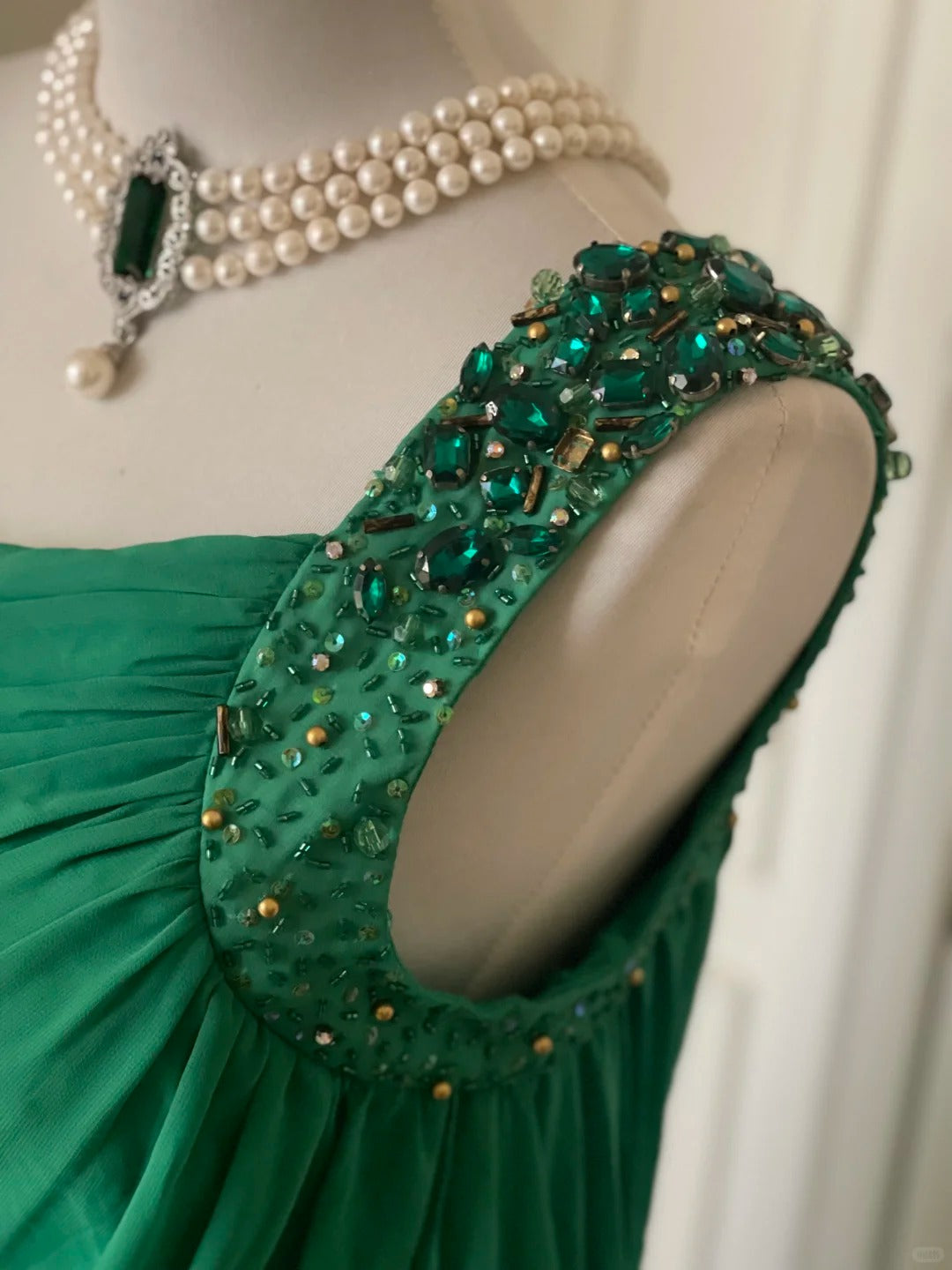 __Green beaded vintag one shoulder stylish long chiffon wedding guest dress ball gown evening dress gatsby beauty party dress gh4391