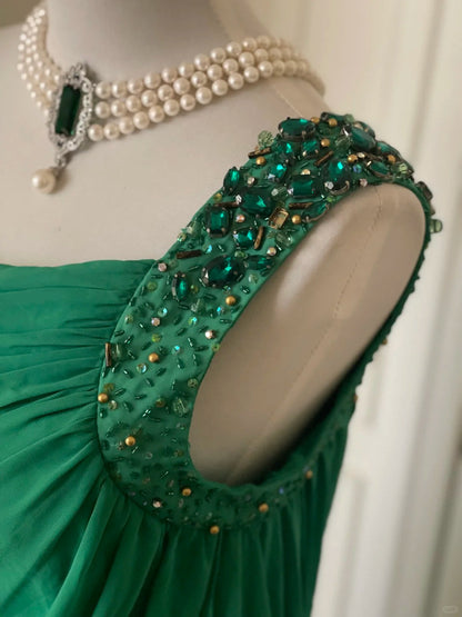 __Green beaded vintag one shoulder stylish long chiffon wedding guest dress ball gown evening dress gatsby beauty party dress gh4391