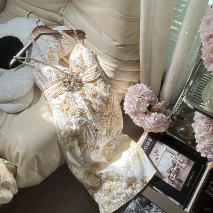 Ivory Gold Floral Beading Sparkling Short Satin Homecoming Dress Prom Dress Party Dress gh4624