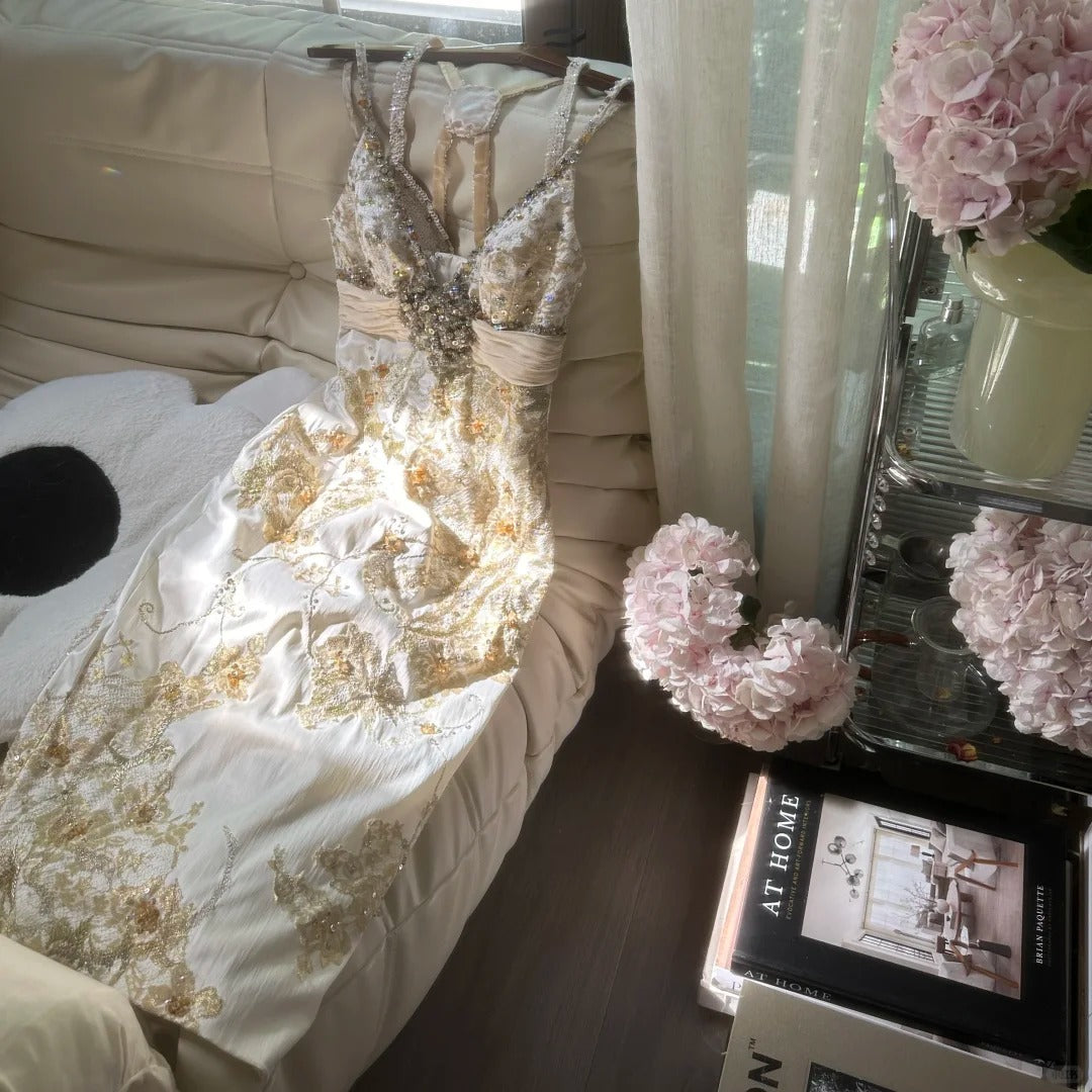 Ivory Gold Floral Beading Sparkling Short Satin Homecoming Dress Prom Dress Party Dress gh4624