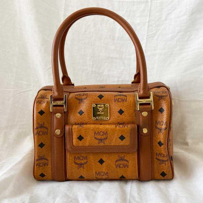 MCM Brown Visetos Leather Boston Bag