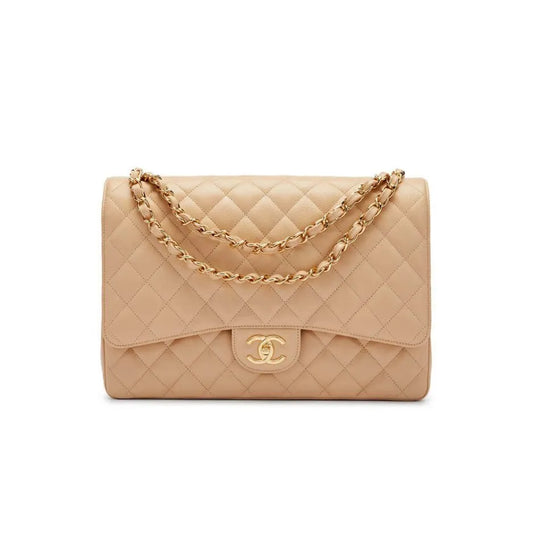 CHANEL Caviar Quilted Jumbo Double Flap Light Beige