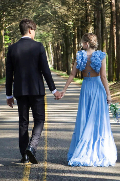 Fuchsia V-Neck Chiffon A-Line Long Prom Dress