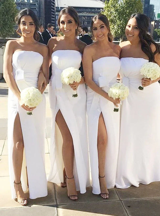 White Strapless Bodycon Tight Slit Bridesmaid Dresses