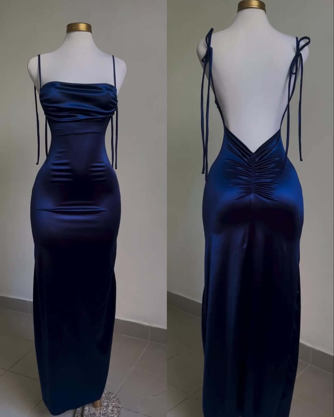 Sheath Navy Blue Satin Prom Dress Spaghetti Straps Backless Special Occasion Dresses