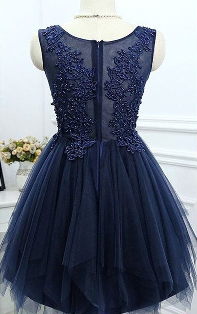 Dark Navy Jewel Sleeveless Homecoming Dresses,Appliques Beading A Line Tulle Semi Formal Dress