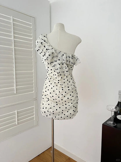 Black and white polka dot ruffled hip short homecoming dress gh4561