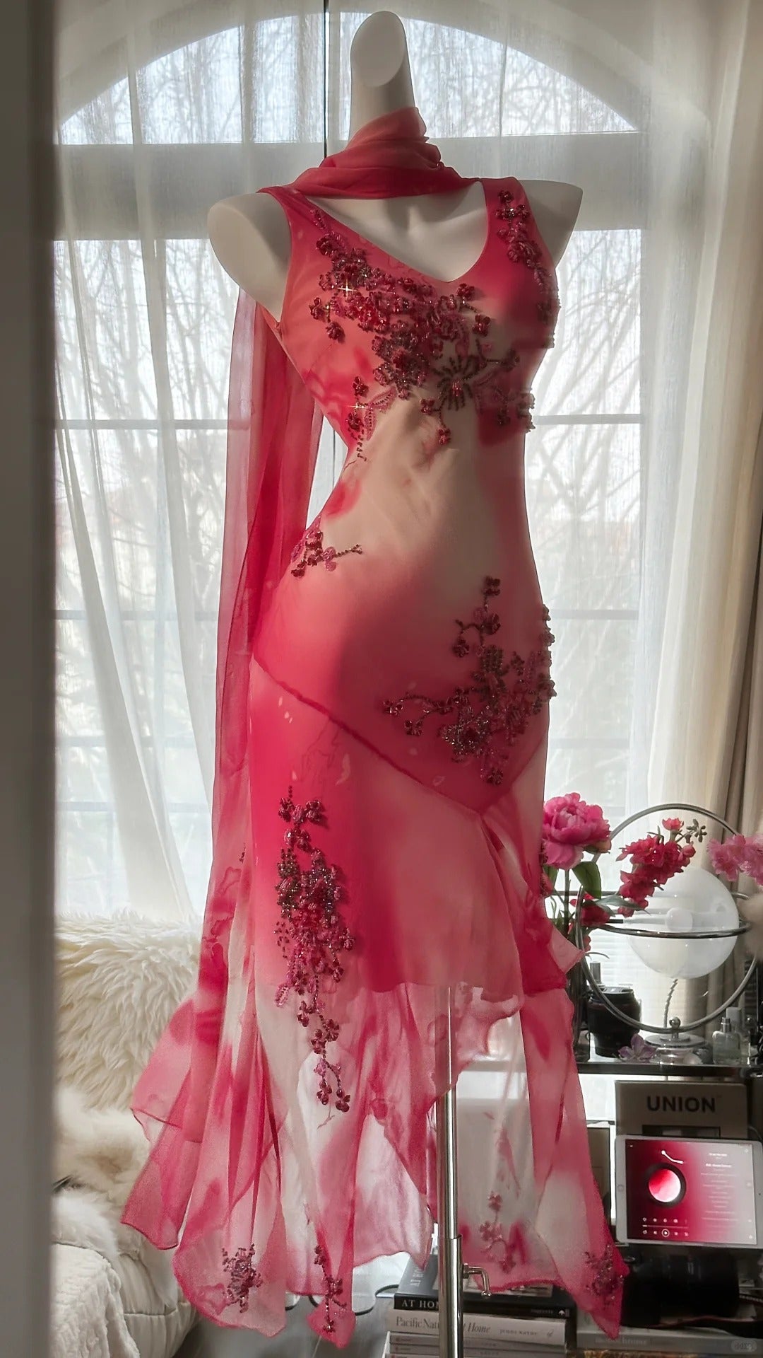 Pink Gorgeous Elegant Romantic Exquisite Beaded Blooming Long Chiffon Ball Gown Evening Dress Birthday/Wedding Guest Party Dress gh4018